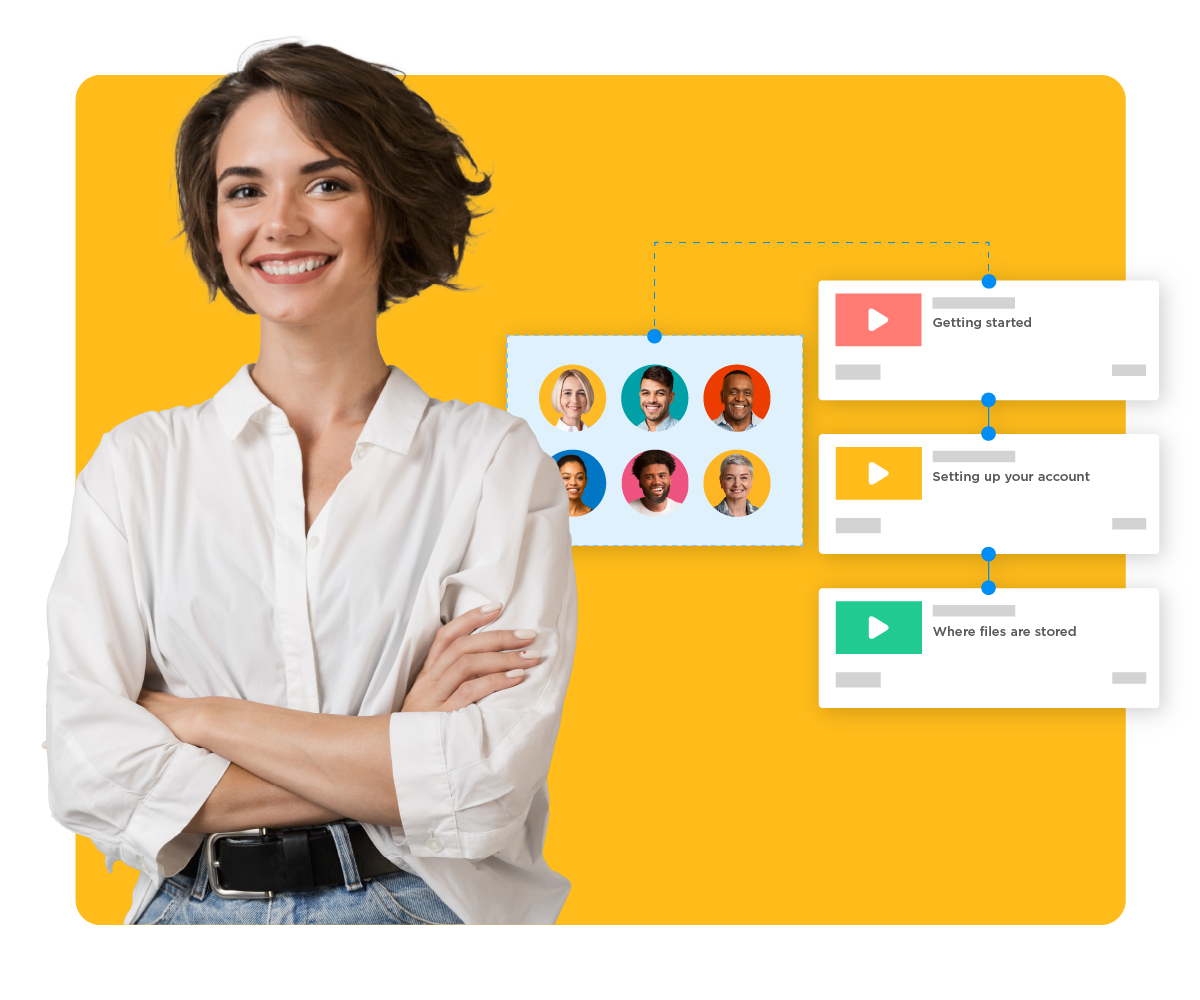 A smiling Customer Onboarding professional standing near a group of six users being assigned to a flow of three video assets.