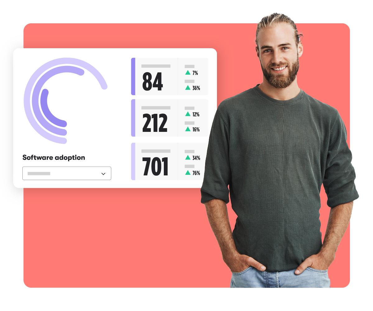 A smiling IT Project Manager standing near a radial bar chart showing percent increases in software adoption.