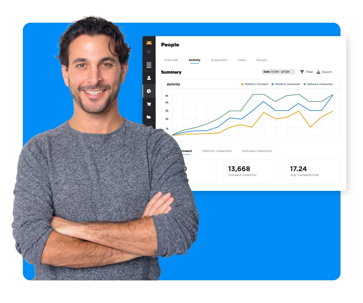 A smiling Customer Onboarding professional standing near a web application displaying BrainStorm platform reports tab open to a line graph. 