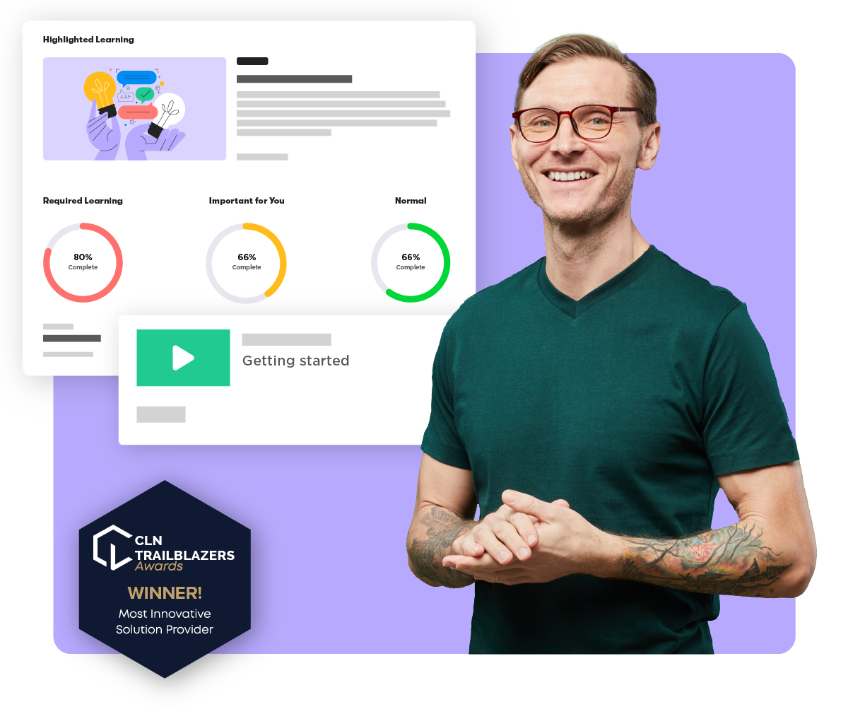 A smiling Customer Success Manager standing near CLN Trailblazers award logo, video training thumbnail, and thumbnails showing course progress with three radial bar charts.