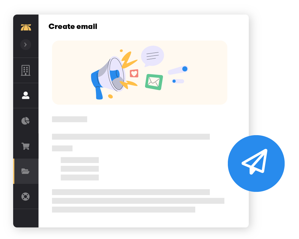 Web application displaying BrainStorm platform's communications page with a large paper airplaine send button 