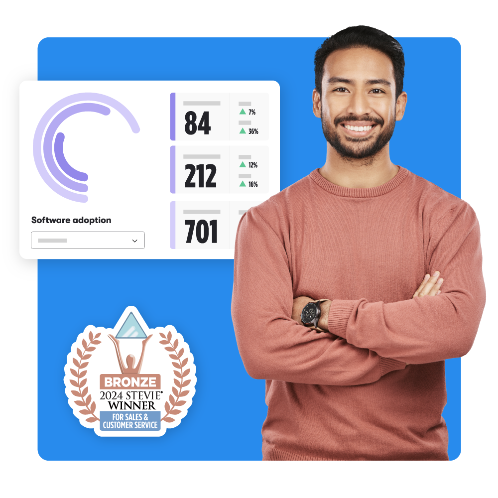 A smiling Customer Training professional standing near a radial bar chart labeled "Software Adoption" with a dropdown menu and three number reports showing recent percentile increases. A 2024 Stevie Winner badge is visible in the background.