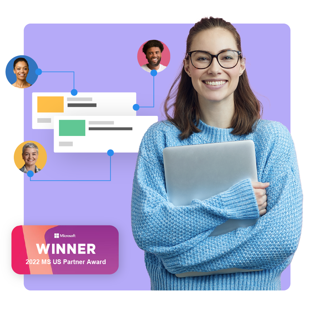 Smiling IT professional with a laptop, near images of BrainStorm users auto-enrolled in two onboarding campaigns. A Microsoft 2022 MS US Partners Award is in the bottom corner.