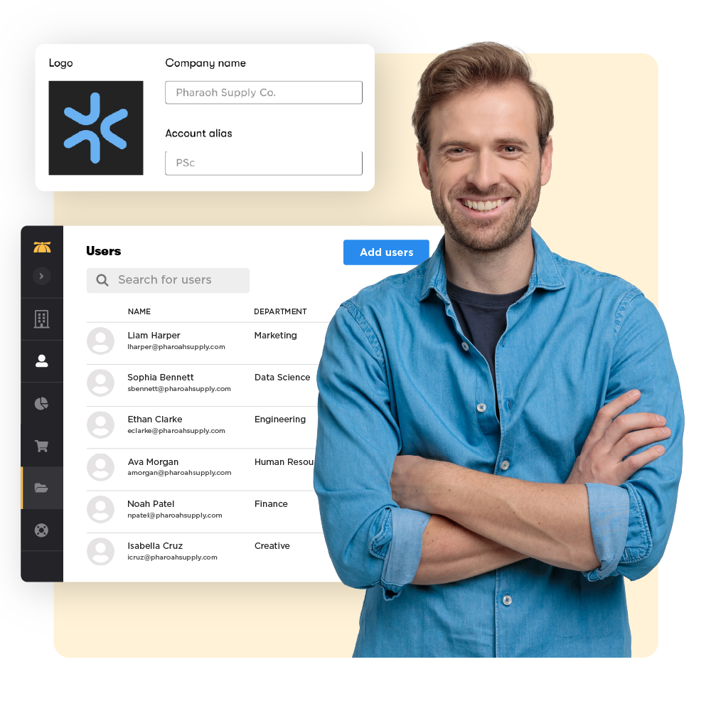 A smiling Head of Customer Education standing near a web application displaying the BrainStorm platform admin portal, with the configuration tab open and fields in the account information section visible.