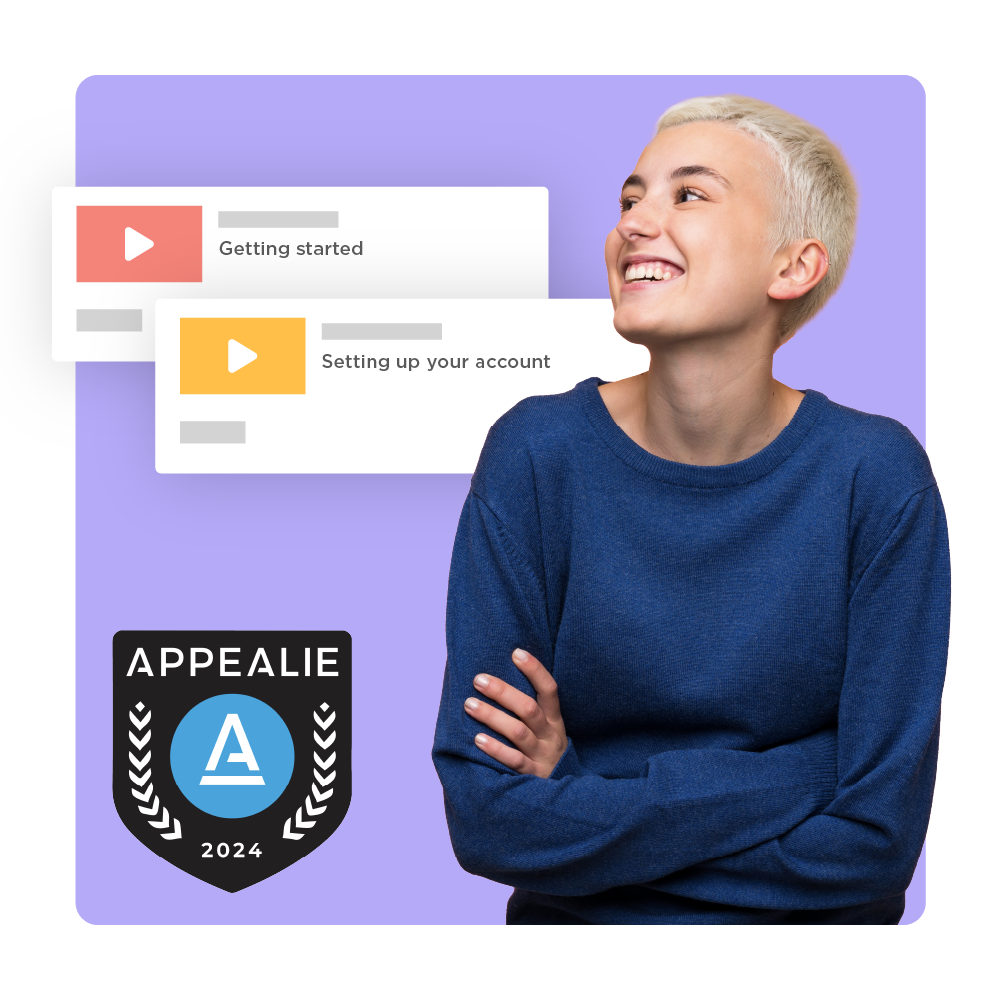 Head of Customer Education standing near two customer onboarding task thumbnails, with an Appealie 2024 award nearby.