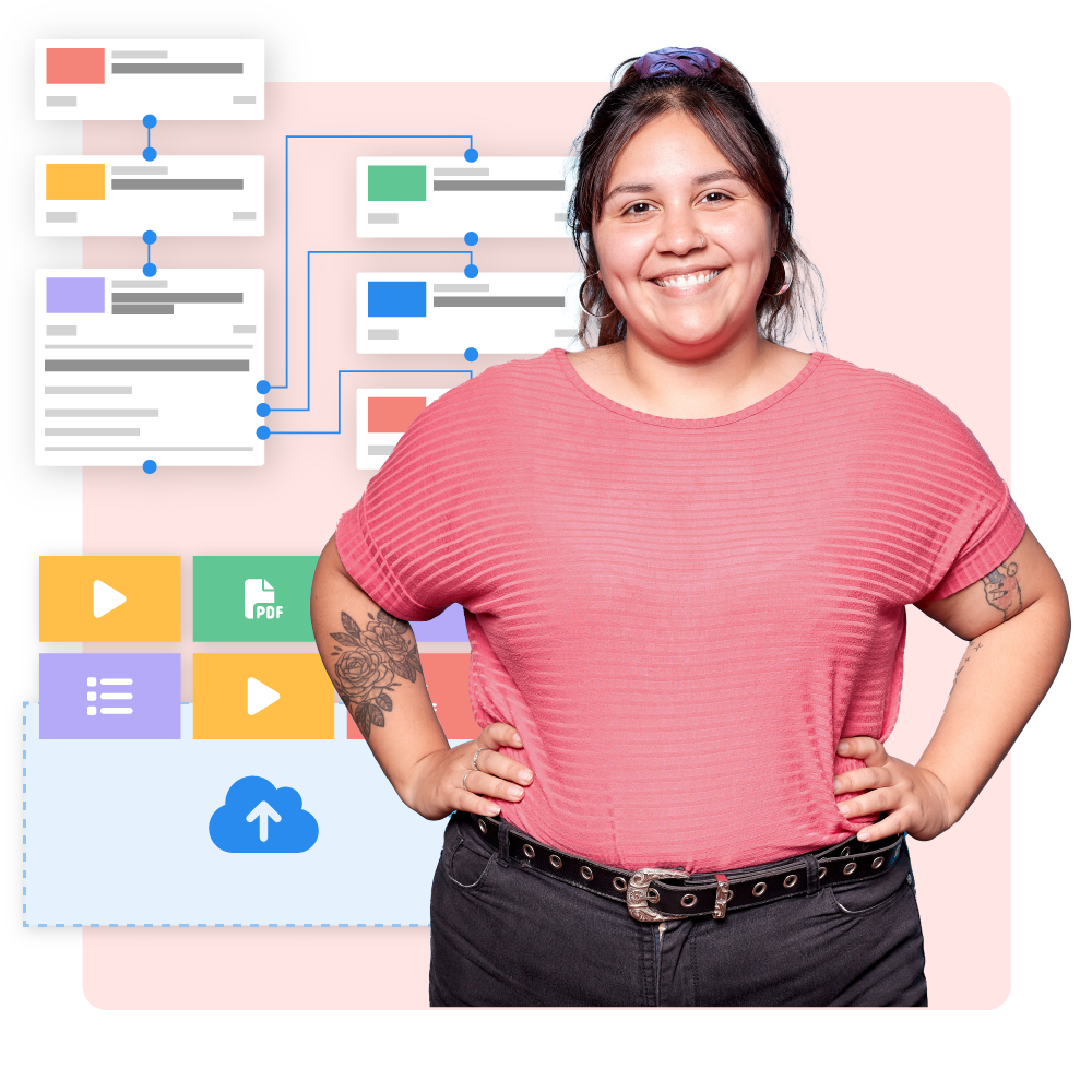 A smiling IT professional standing near a dynamic learning workflow and a content upload window for videos, surveys, and PDFs, with a cloud upload icon.