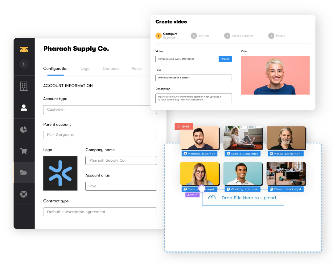 Web application displaying an admin account portal configuration on the BrainStorm platform, with open fields for user information input. Another window shows the uploading process for training content, including a space for drag-and-drop uploads, featuring video thumbnails of smiling IT professionals.