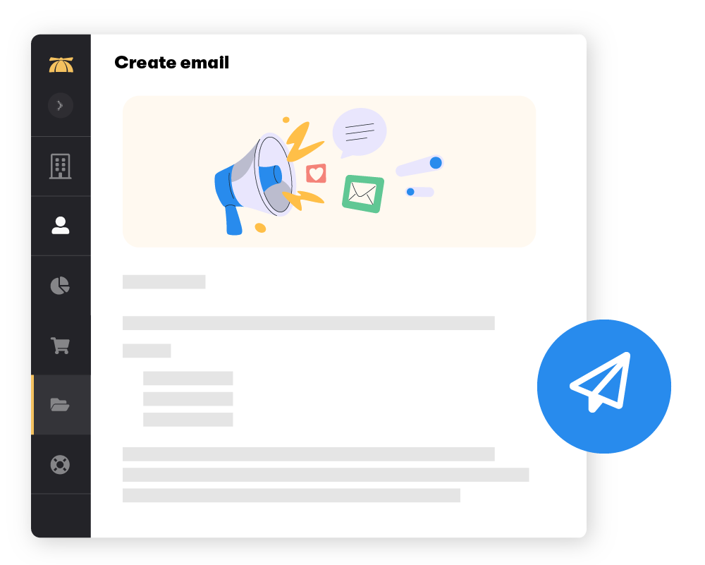 Web application displaying the BrainStorm platform communications tab. The page header features a megaphone icon along with message, email, and like icons.