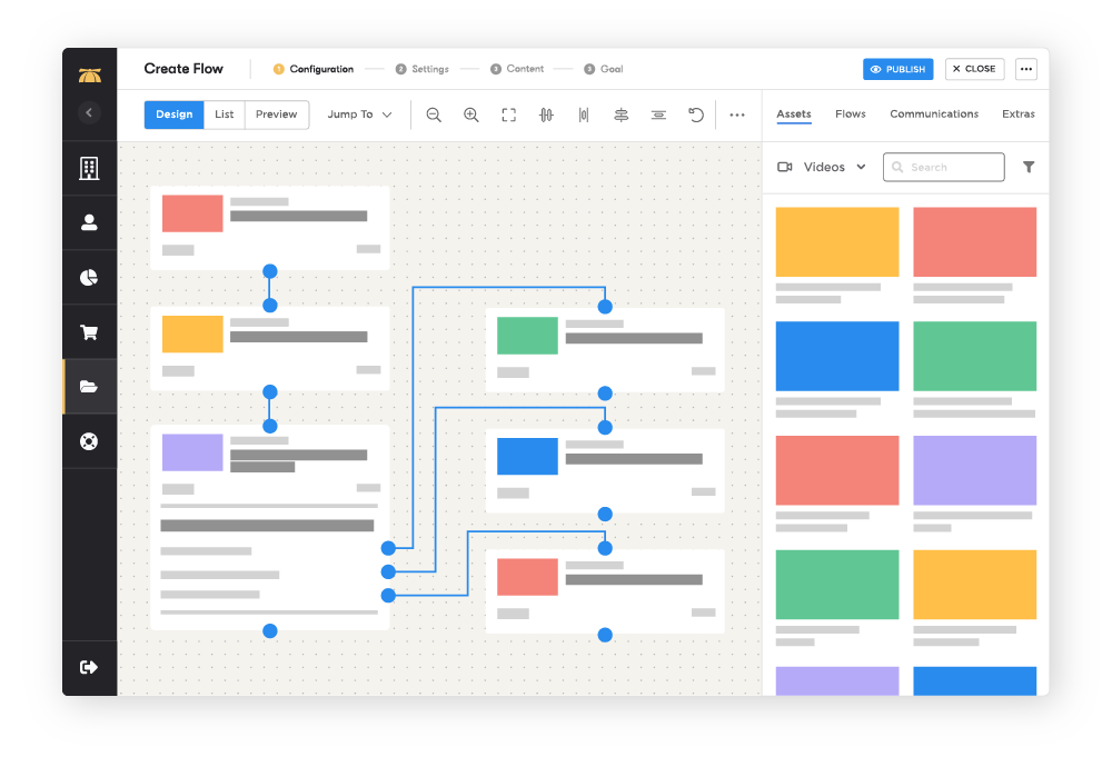 A web application displaying the BrainStorm platform's workflows, branching paths, and a flow content menu on the left side.