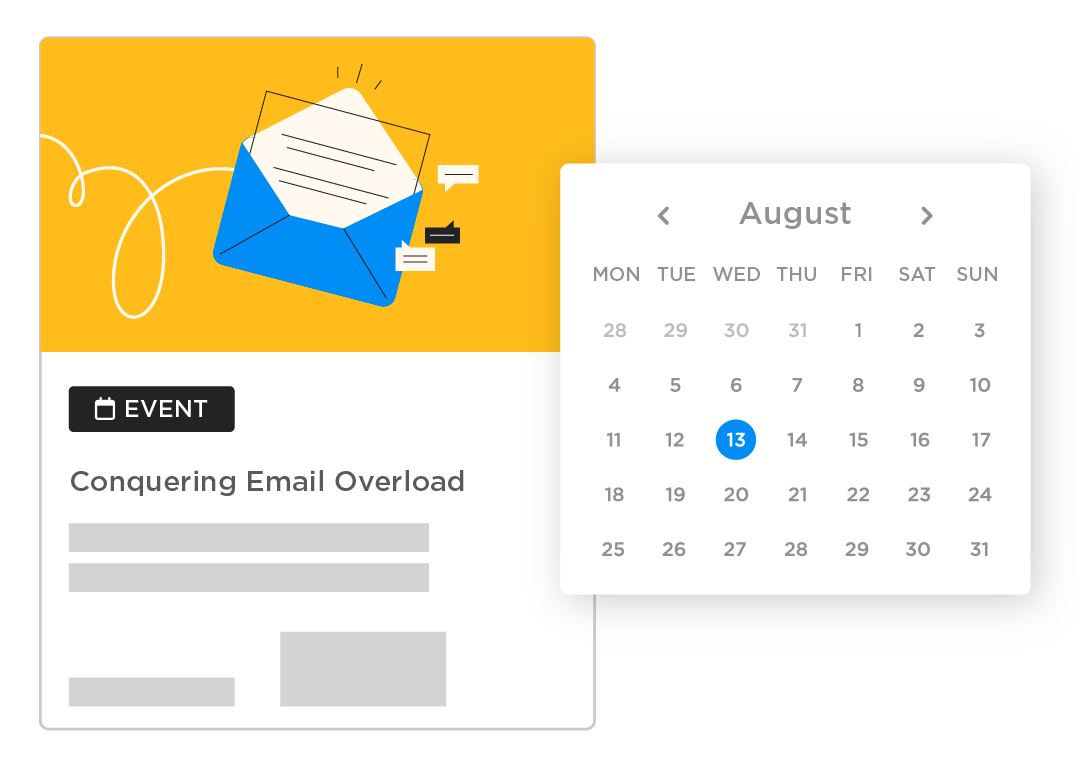 An event thumbnail for an on-demand or live training webinar. The calendar displays the month view of August with Wednesday the 13th selected in a blue circle.