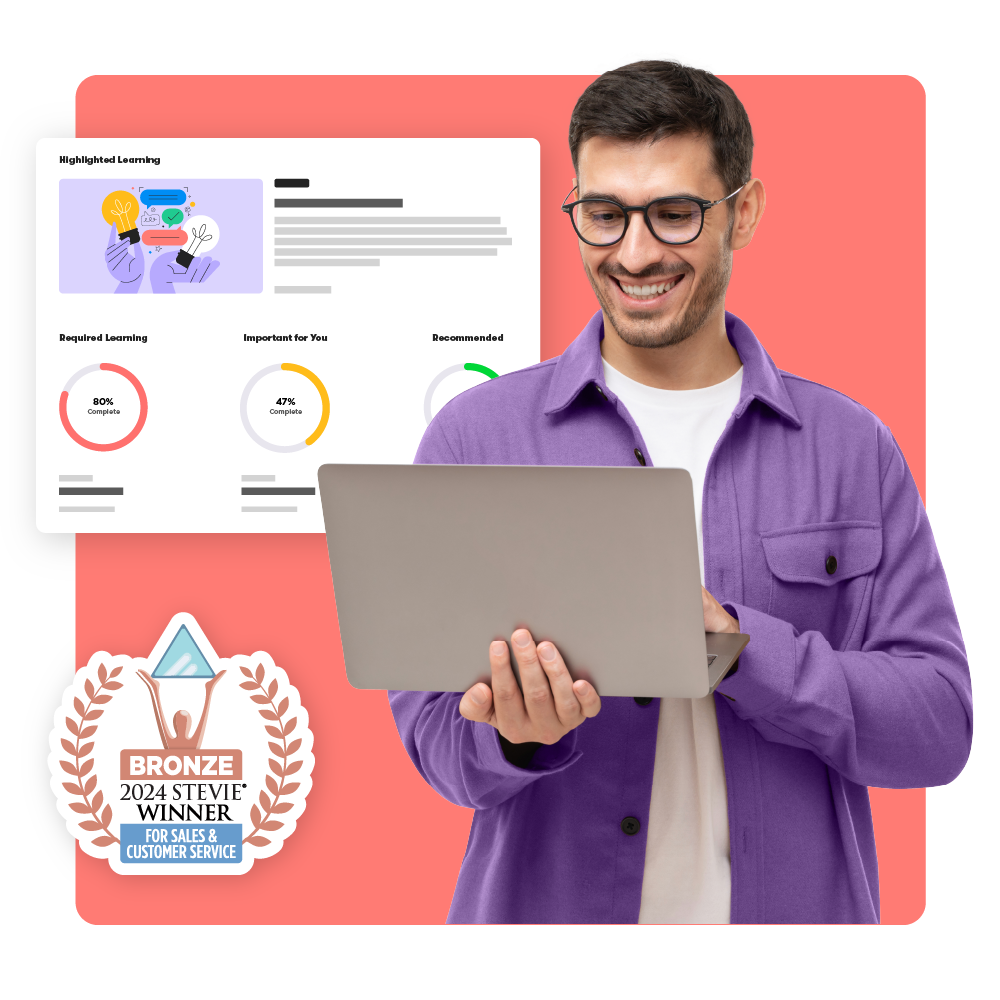 A Customer Onboarding professional standing near a Stevie 2024 winner award logo and a workflow thumbnail with three radial bar charts below, displaying course progress.