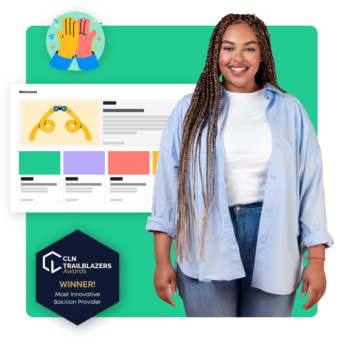 A smiling Product Trainer standing near a CLN Trailblazers award logo, a high-five icon, and a thumbnail of a SaaS onboarding training course with green, purple, red, and yellow thumbnails.