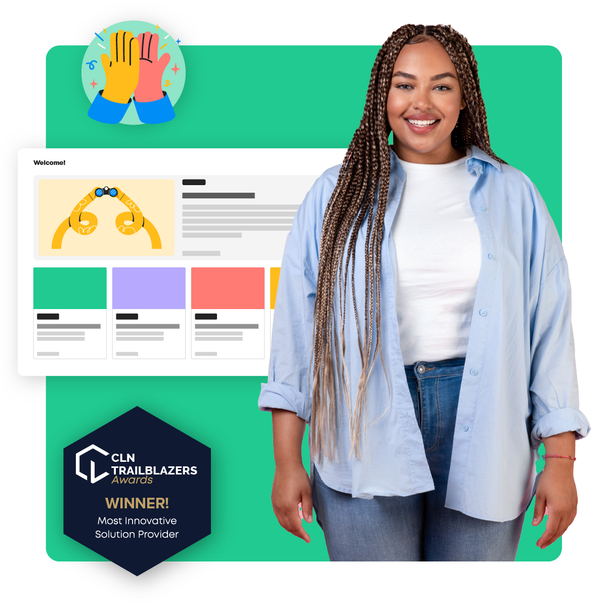 Director of Customer Enablement near a high-five icon, a webpage displaying BrainStorm course module selection, and the CLN Trailblazers winner award logo.