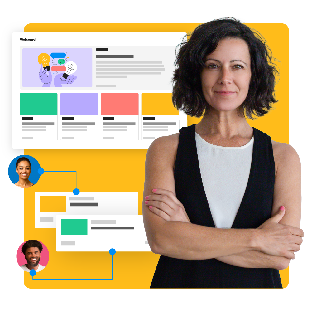 Smiling IT Project Manager Professional standing near a web page displaying learning content module thumbnails and two user profiles, assigned to specific learning paths.