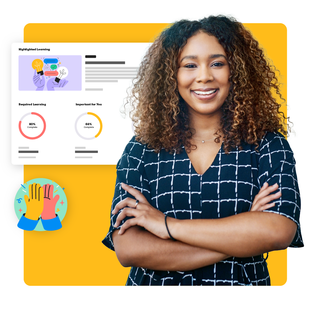 A Customer Onboarding professional standing near a high-five icon and a workflow thumbnail with three radial bar charts below, displaying course progress.