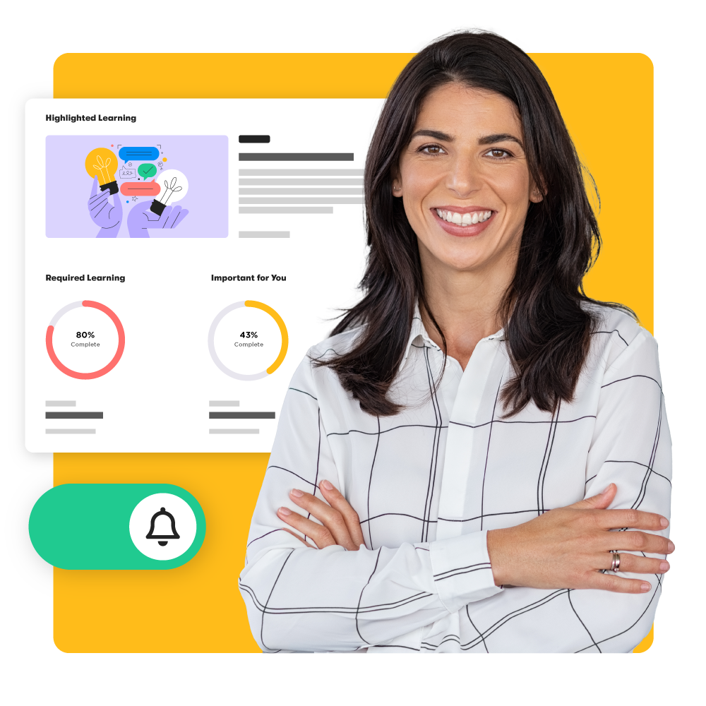 Smiling professional standing next to a training thumbnail featuring three radial bar charts that display training progress. A notifications toggle is switched on.