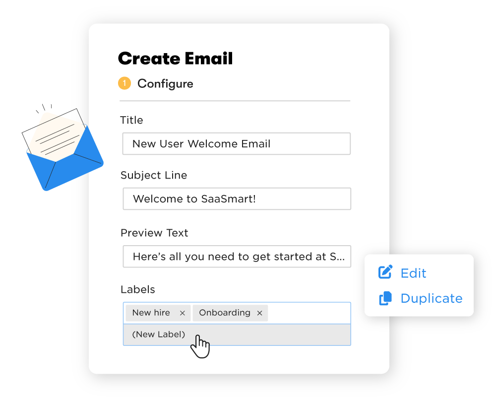 BrainStorm platform communication configuration settings displaying fields for title, subject line, preview text, and labels. On the left side of the image, there's an open email icon, and on the right side, a context menu is visible.