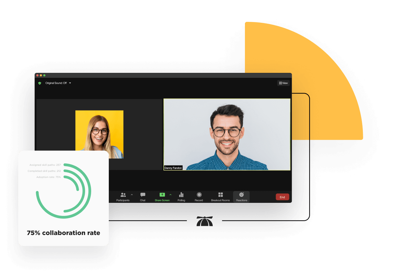 A zoom meeting between two users showing a radial bar char with percentage collaboration rate.