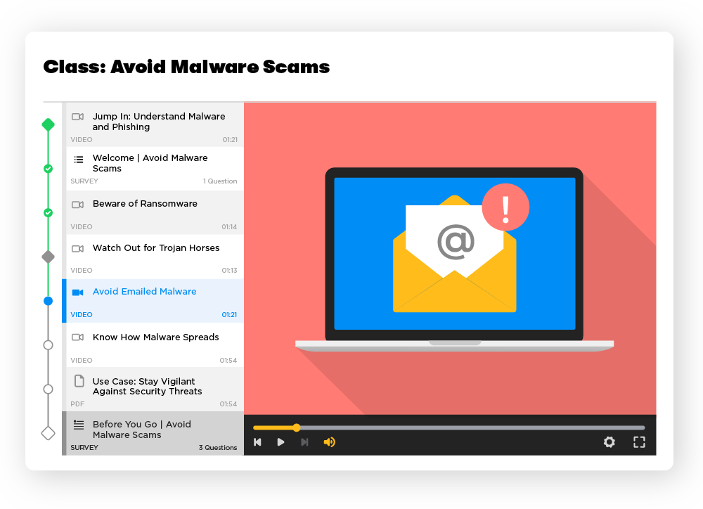 Web application displaying an in-progress module reviewing security best practices on the BrainStorm platform. The module includes video and PDF training content on the left side. The video thumbnail in the center features a laptop with an email warning icon.