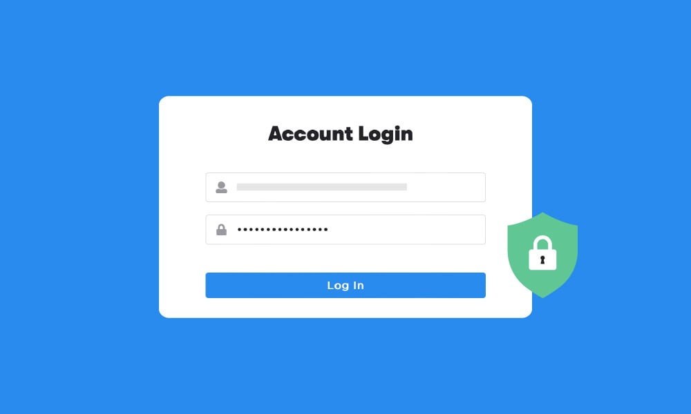 A user account login page with username and password fields, and a security badge icon featuring a shield and a lock.