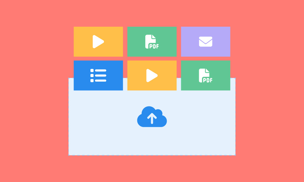 Icon showing drag-and-drop functionality for uploading assets such as videos, PDFs, surveys, and emails.