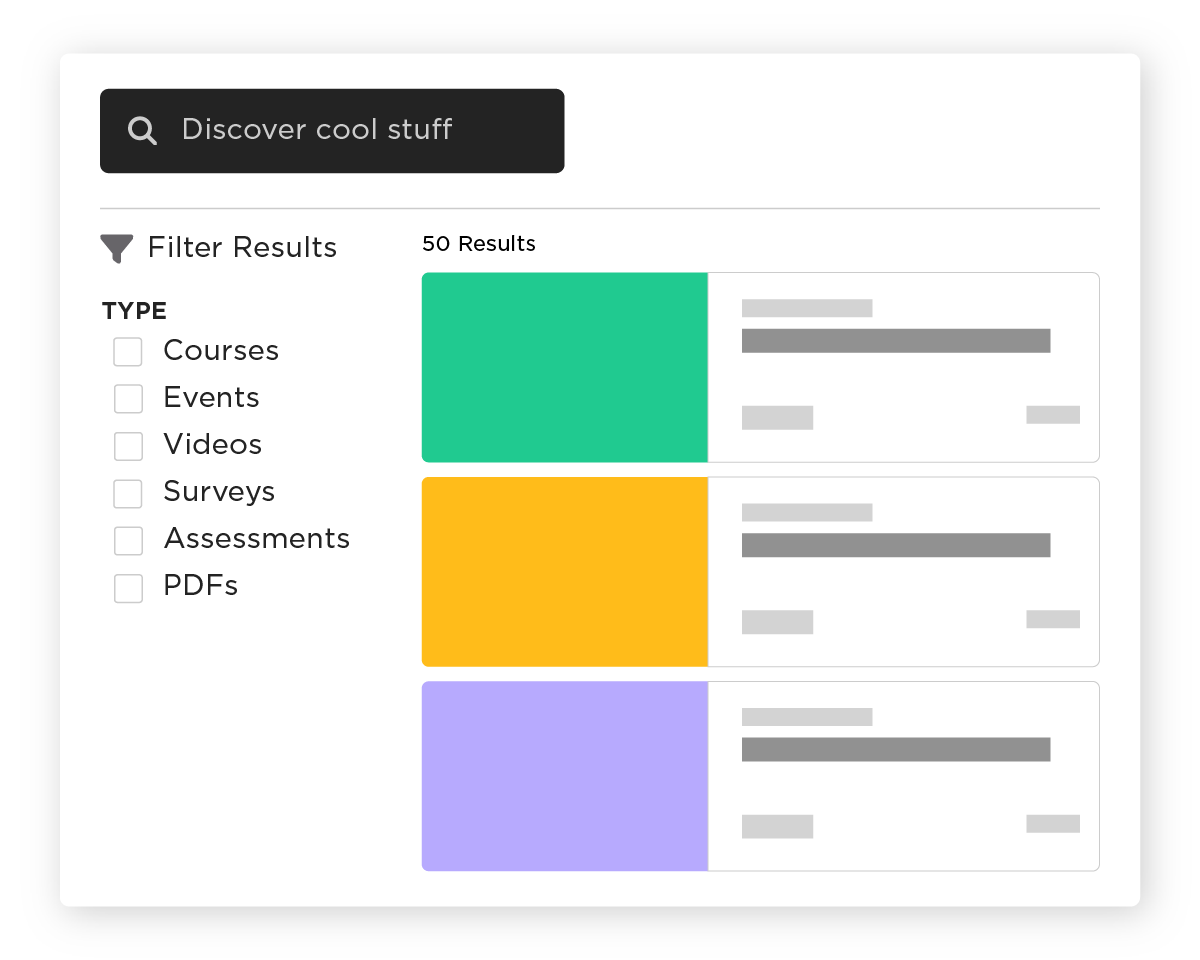 A web application showing the portal search with filter type displayed and three thumbnail results.