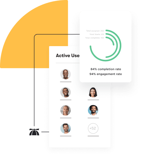 A list of active users and radial bar chart showing their adoption completion and engagement rate.