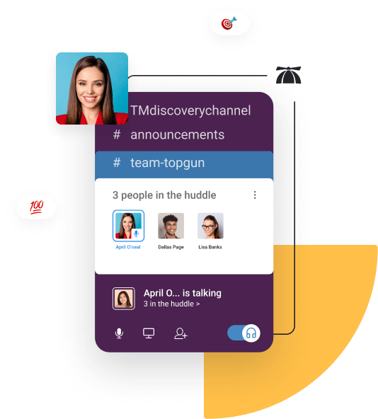 Showing a huddle on slack with the audio toggle on. Three user profiles displayed in the huddle.